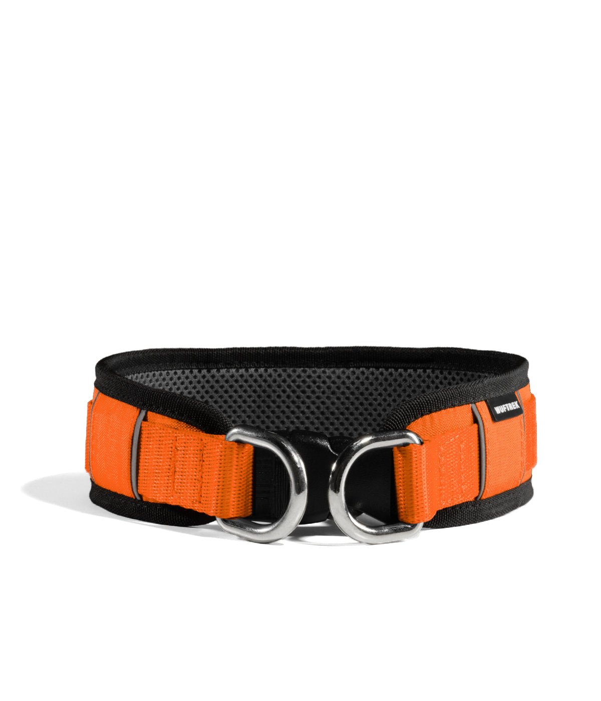 Vista de frente de un collar ancho para perros en color naranja#color_naranja
