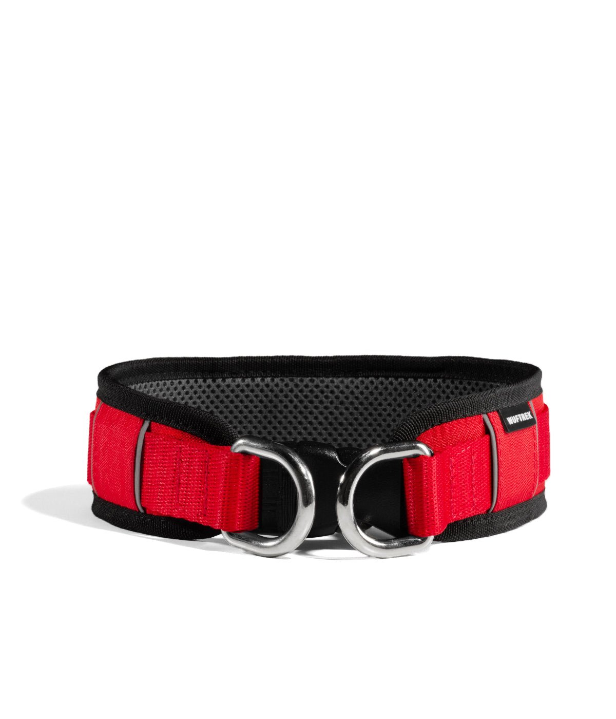Vista de frente de un collar ancho para perros grandes en color rojo