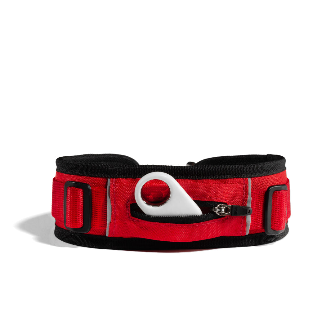 Un collar ancho para perros el cual tiene un bolsillo que está abierto y sale un localizador SmartTag de Samsung#color_rojo