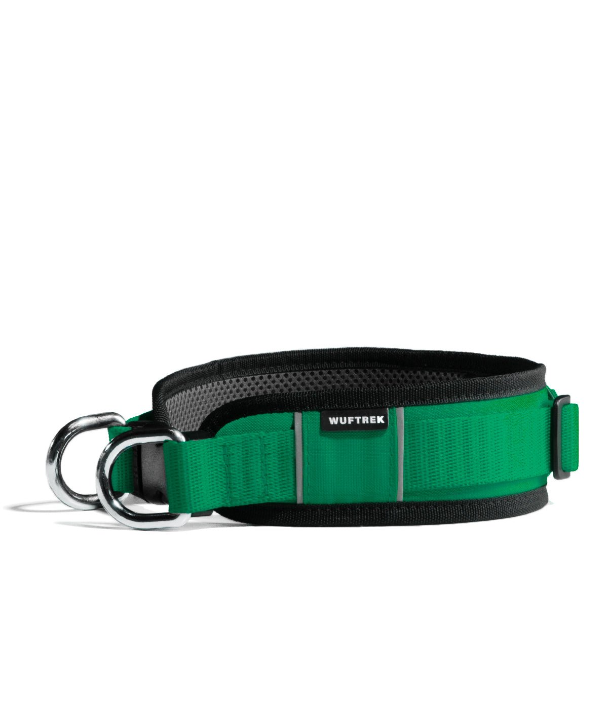Vista de lado de un collar ancho para perros en color verde bosque