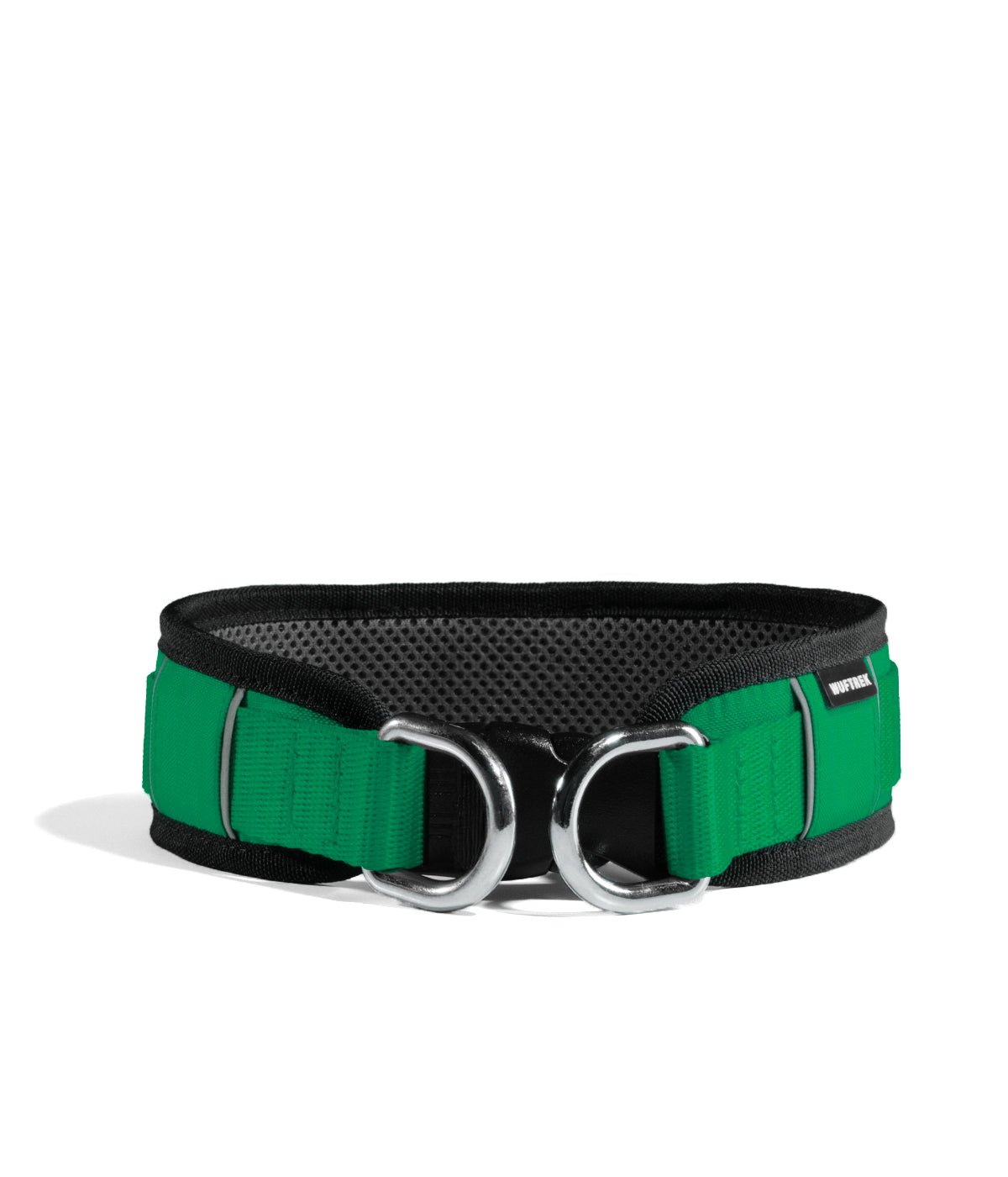 Vista de frente de un collar ancho para perros en color verde bosque
