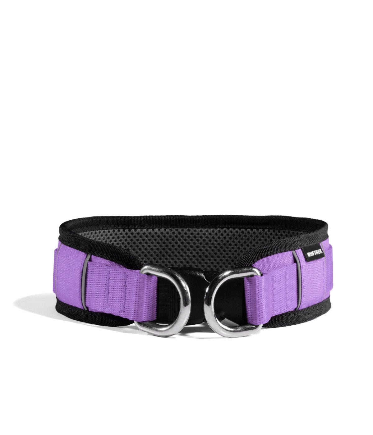 Vista de frente de un collar ancho para perros grandes en color lila