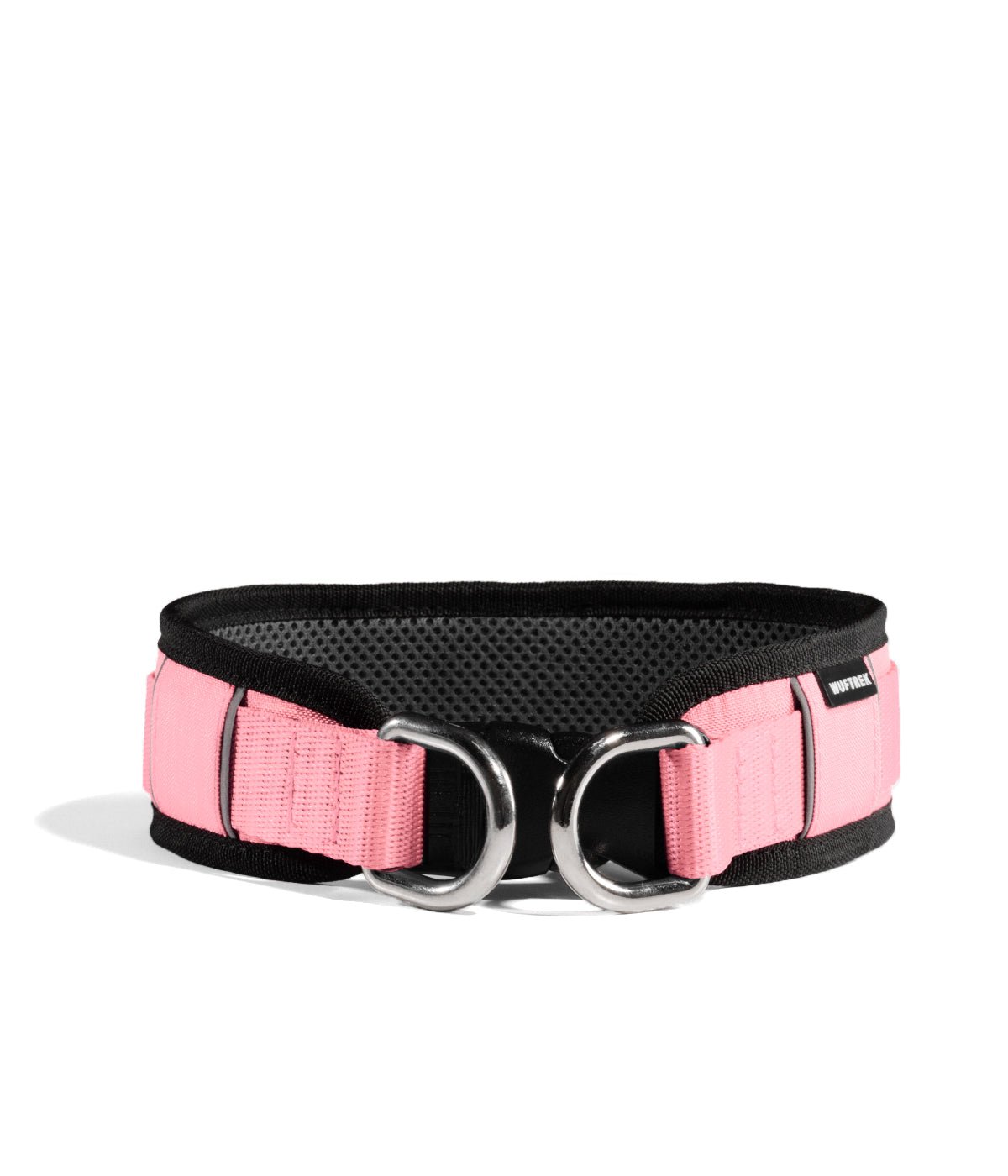 Vista de frente de un collar ancho para perros en color rosa