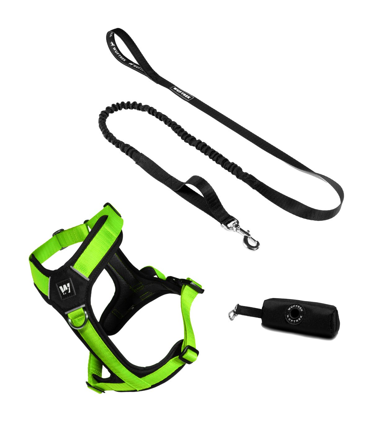 Combo para perro, arnés, correa y estuche color verde neón