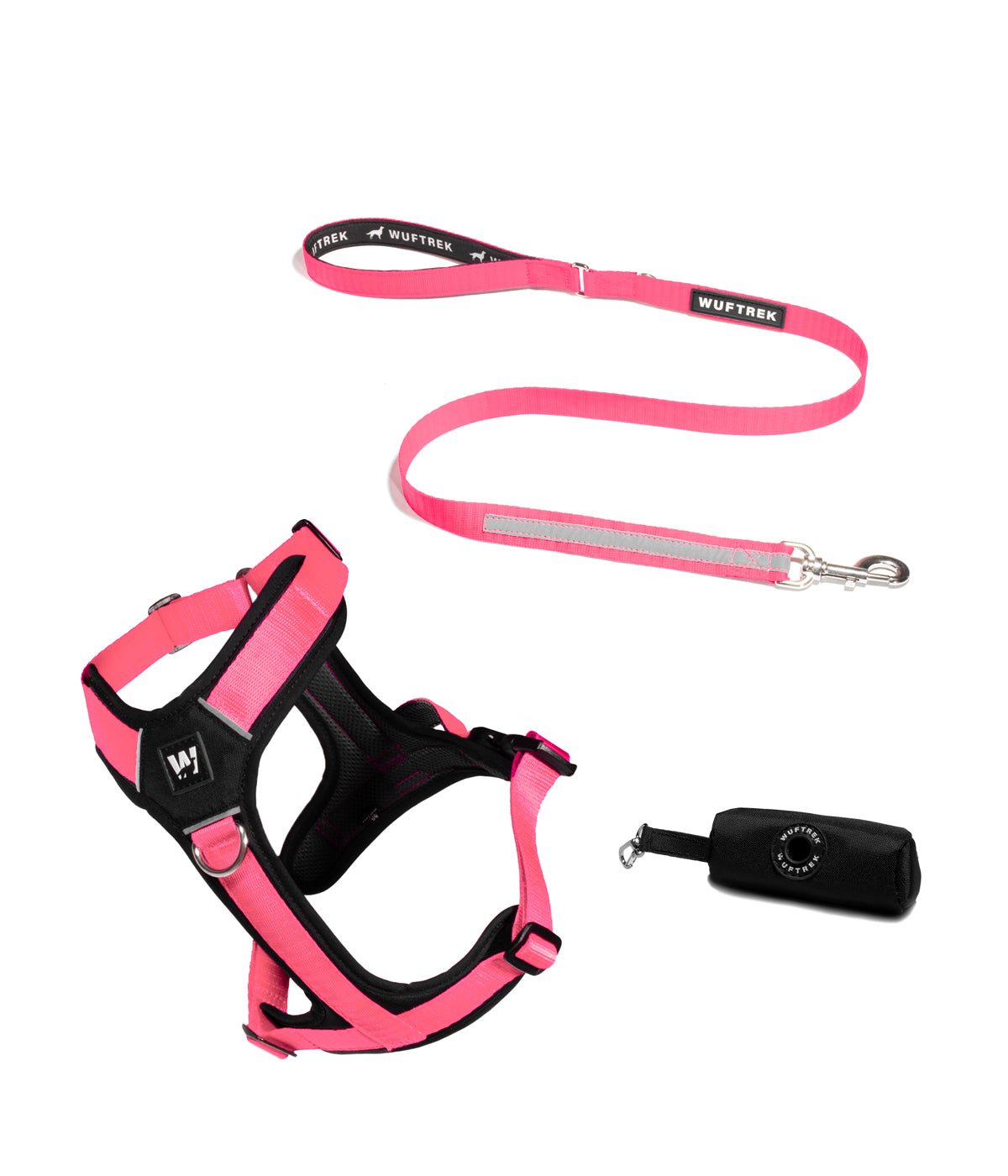 Tres productos en combo para perros de arnés, correa y estuche porta bolsas en color rosa flamingo