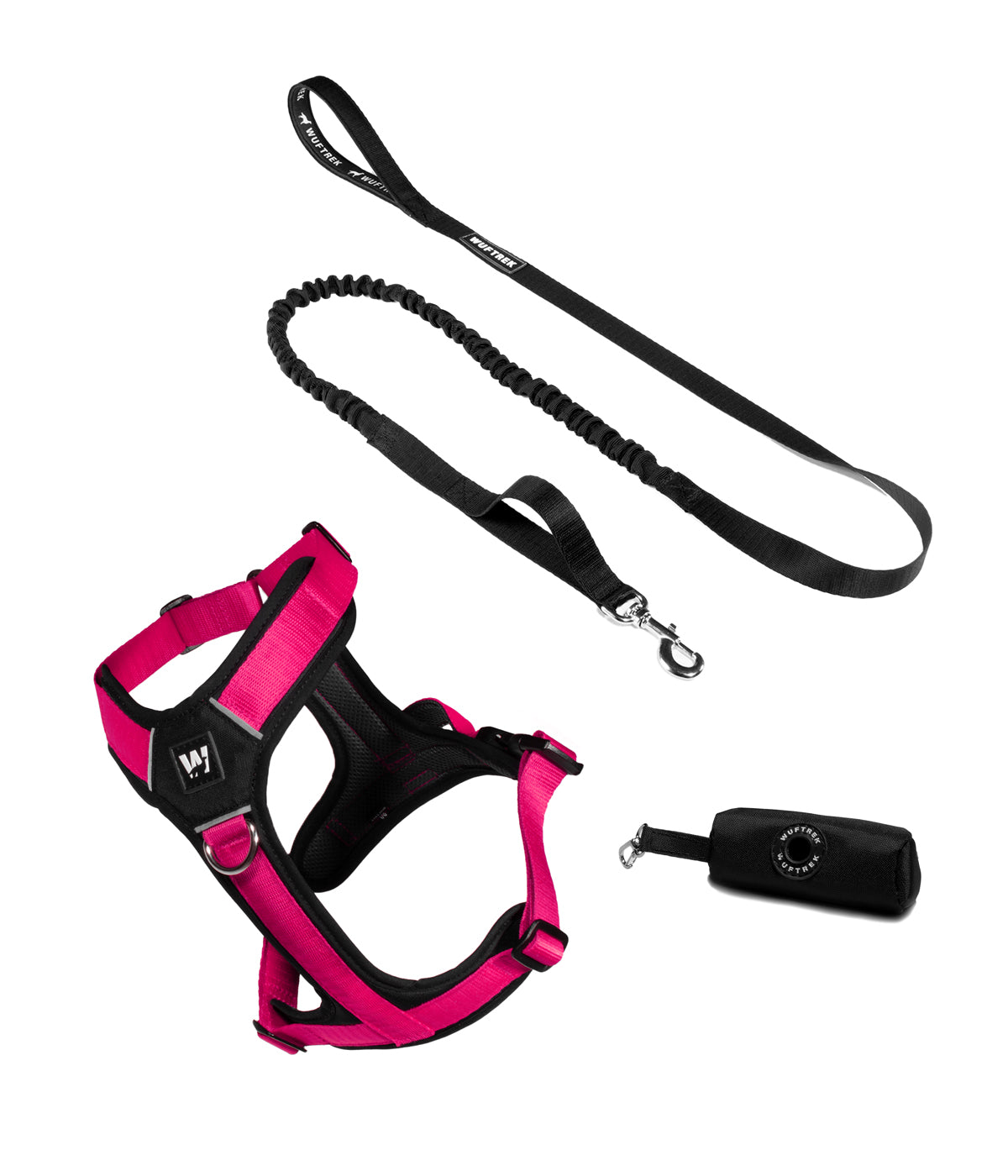 Combo para perro, arnés fucsia, correa antishock color negro y estuche color negro