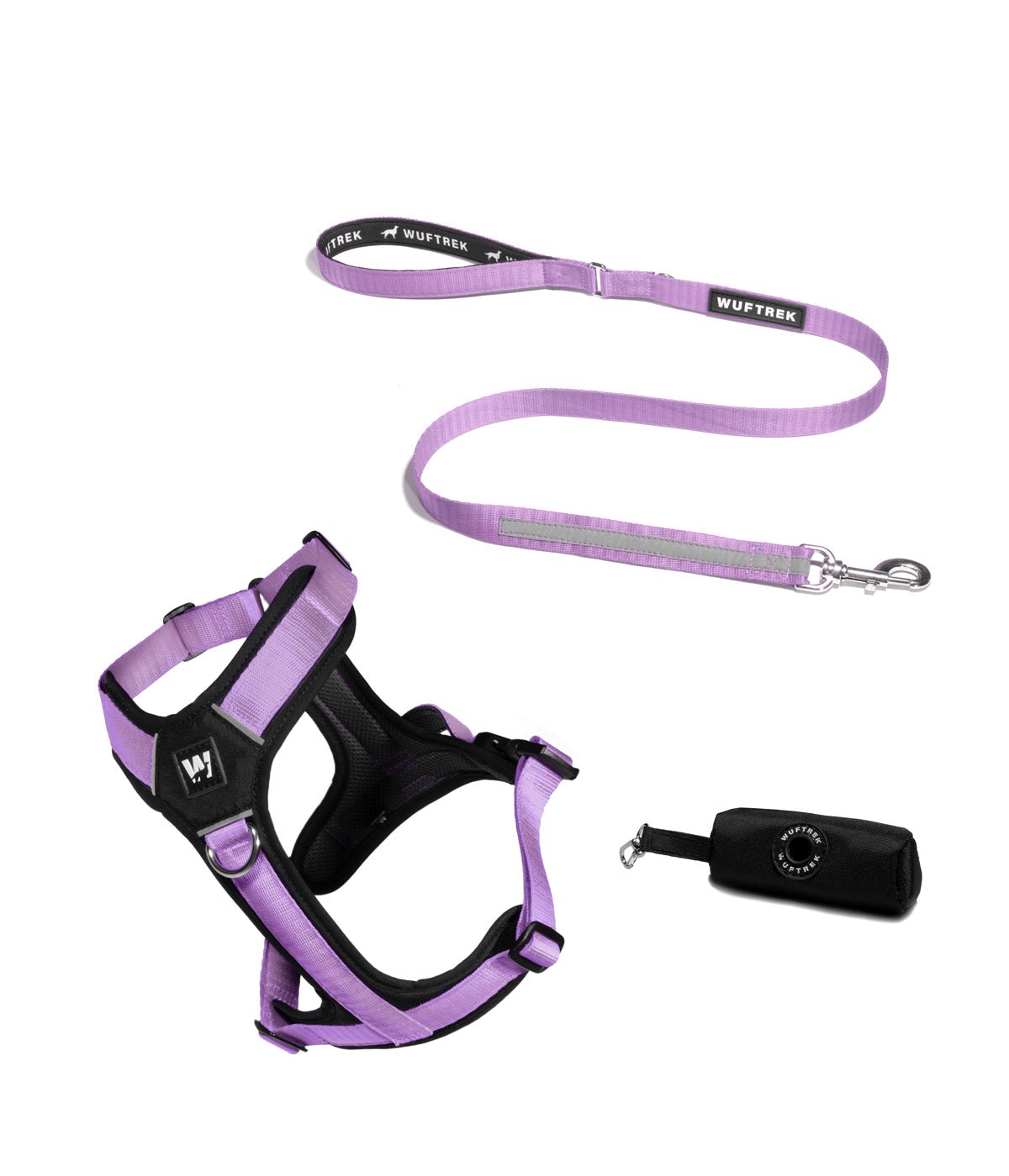 Tres productos en combo para perros de arnés, correa y estuche porta bolsas en color lila