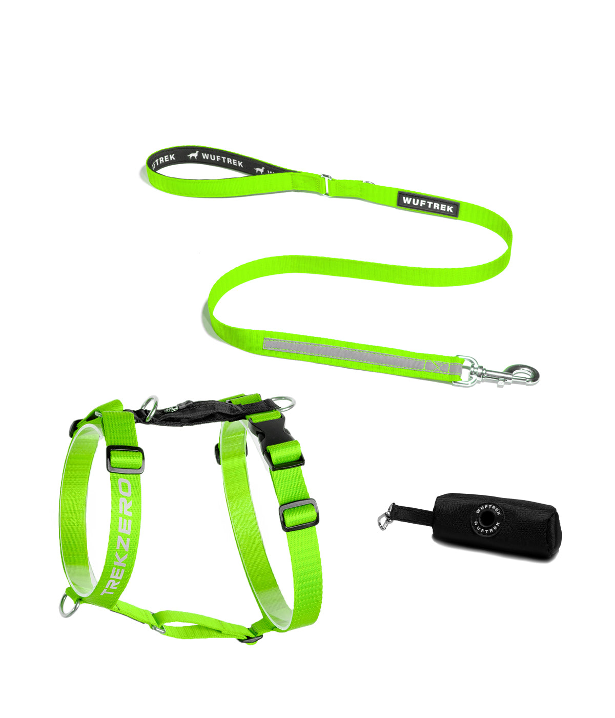 Dog set with neon green TrekZero H-Series harness, matching TrekPro leash, and black waste bag holder