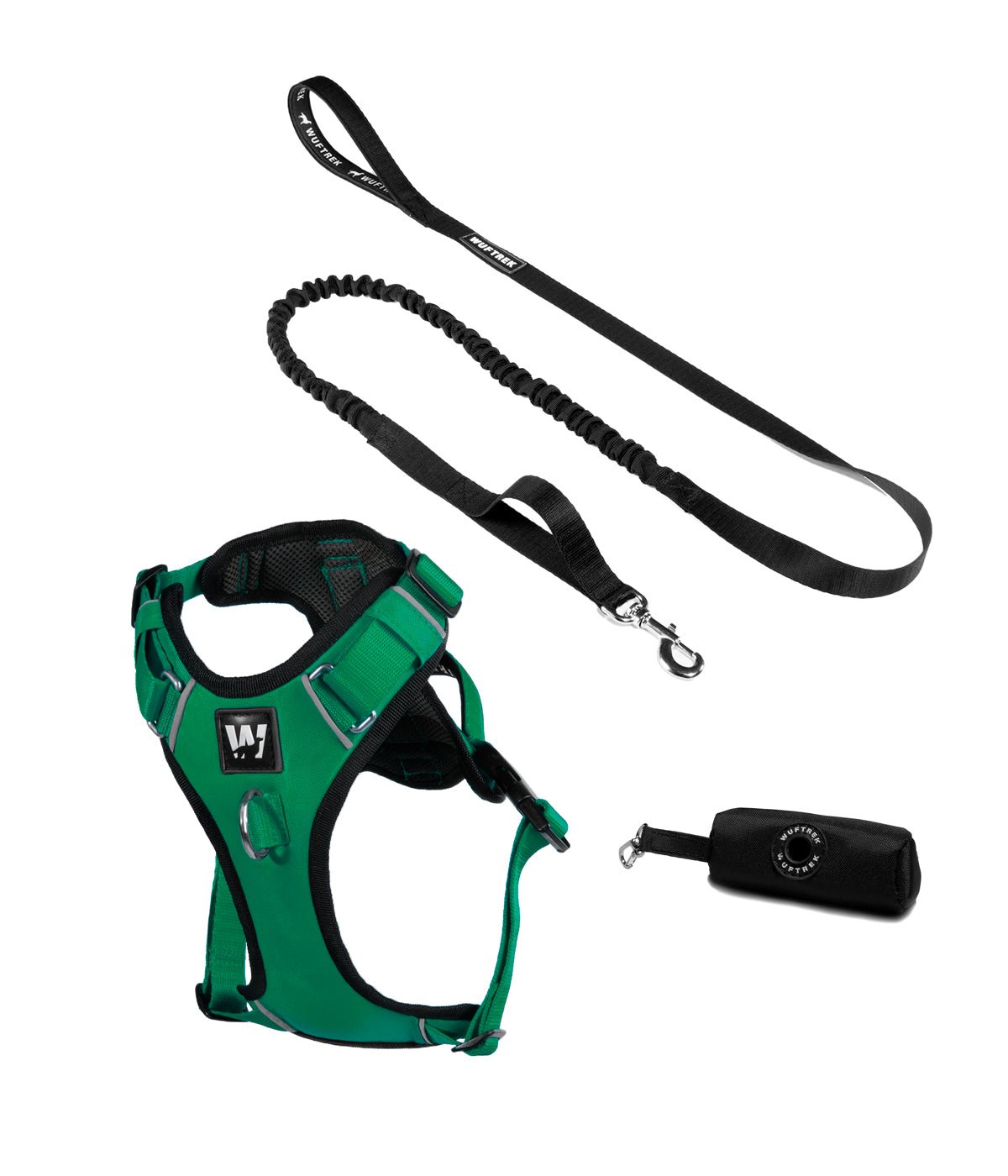 Forest green AirTrek dog harness set with black TrekShock leash and black waste bag holder