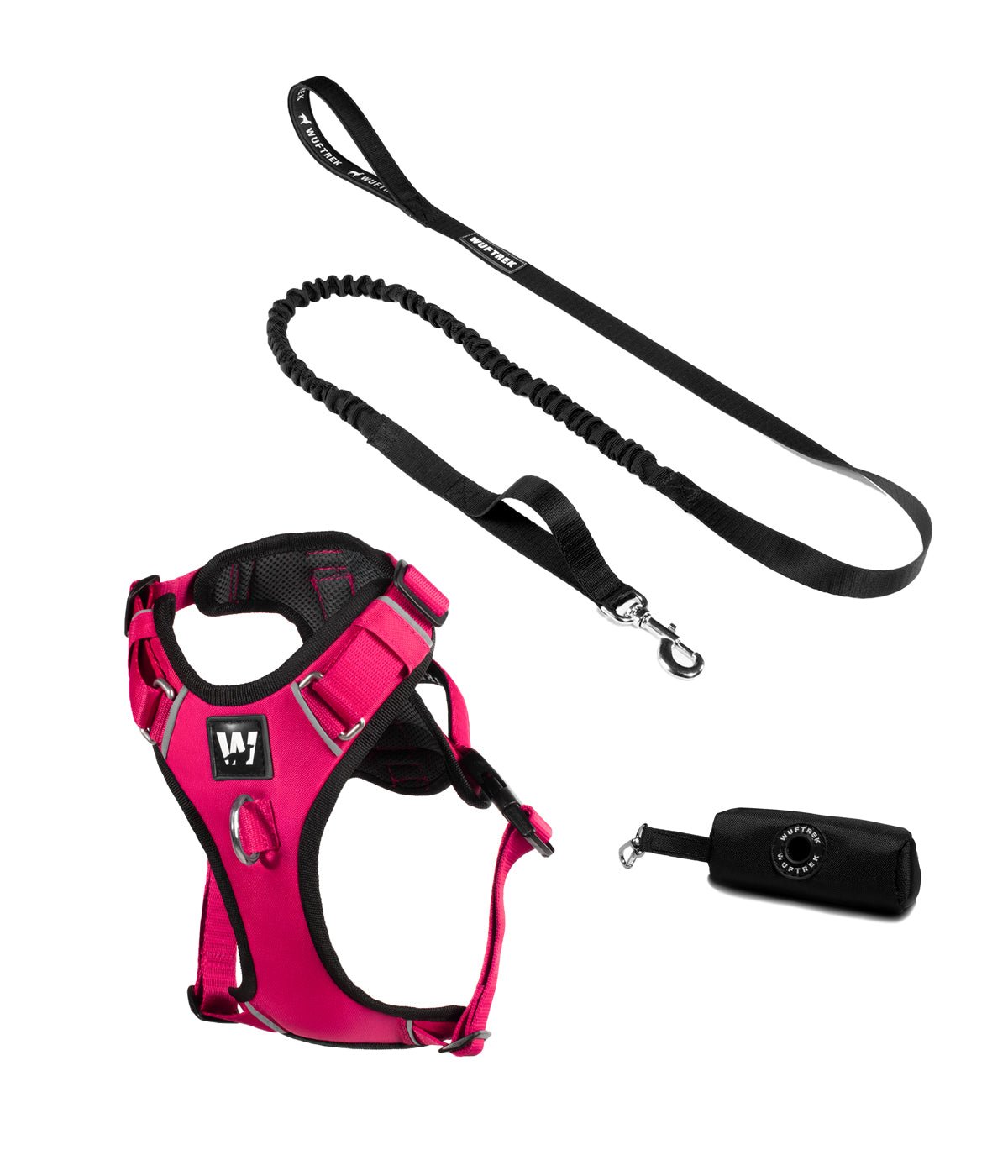 Fuchsia dog harness set with shock-absorbing leash and waste bag holder