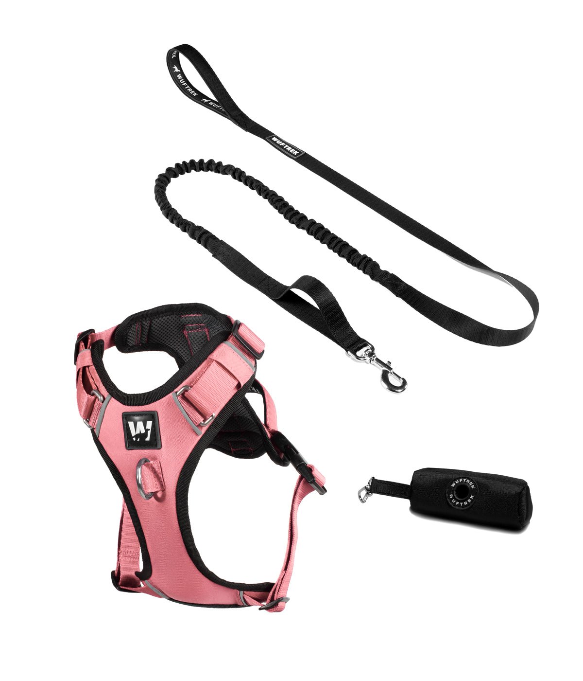 Pink AirTrek dog harness set with black TrekShock leash and black waste bag holder