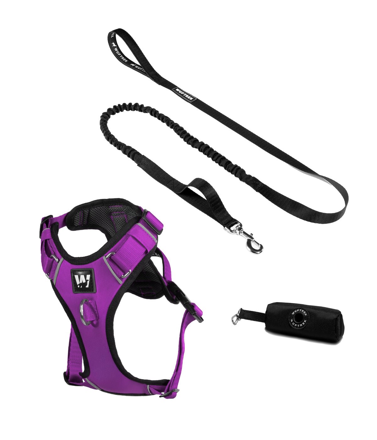 Violet dog harness set with shock-absorbing leash and waste bag holder