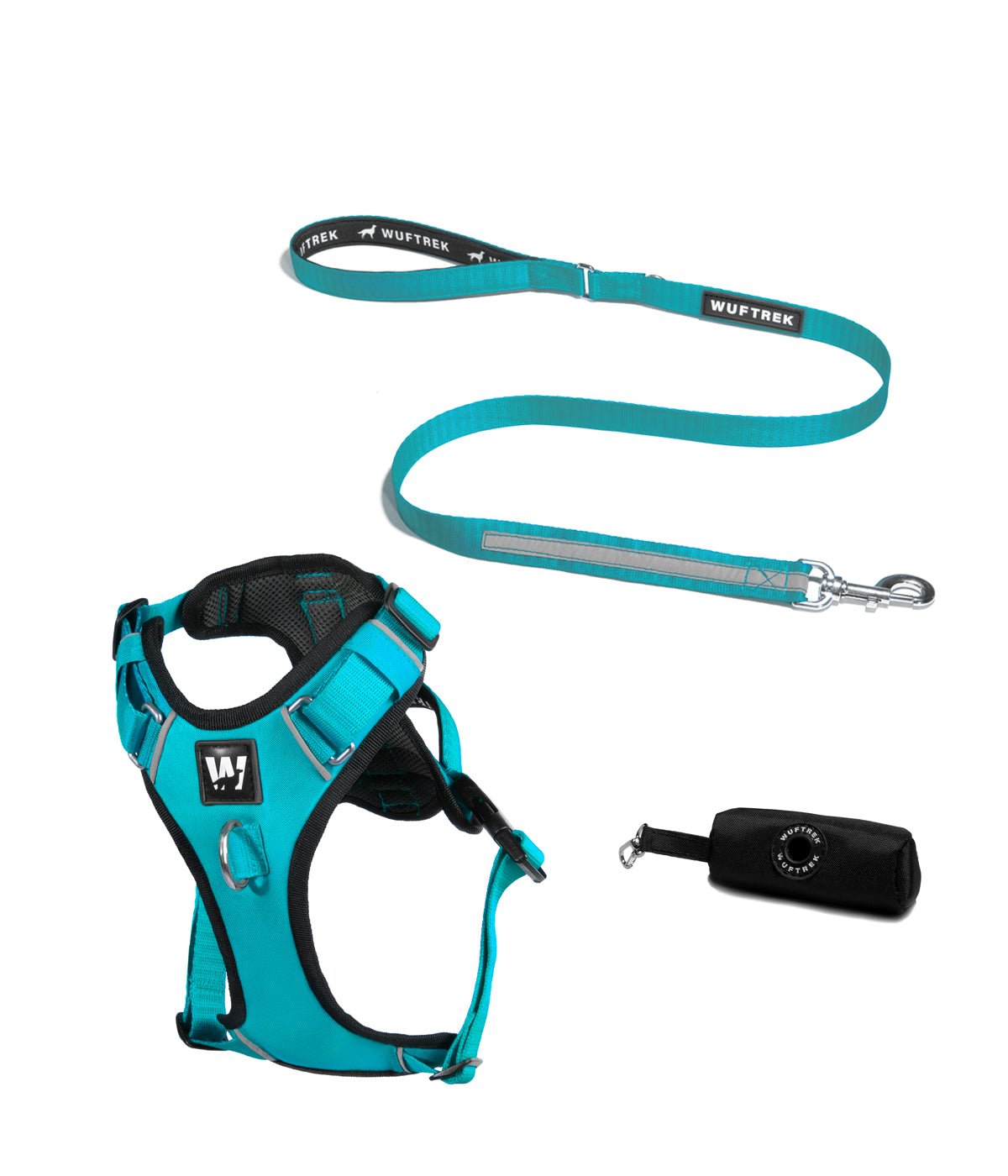 Un combo de arnes para perro con correa para perro y estuche en color azul turquesa