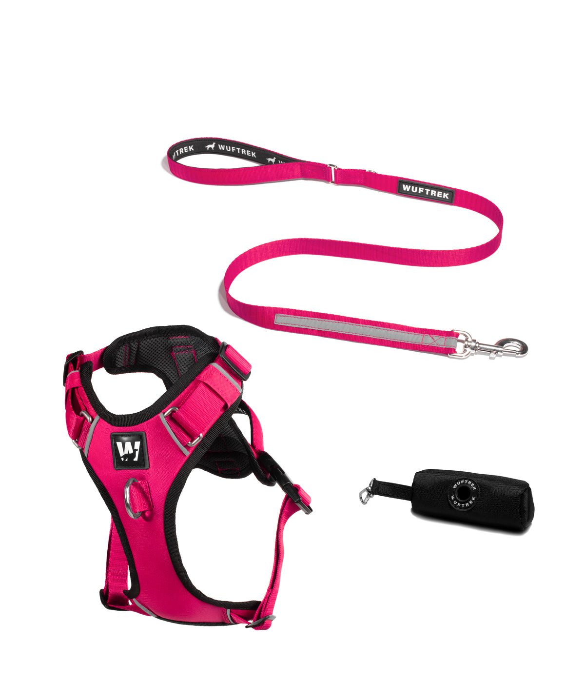 Un combo de arnes para perro con correa para perro y estuche en color fucsia