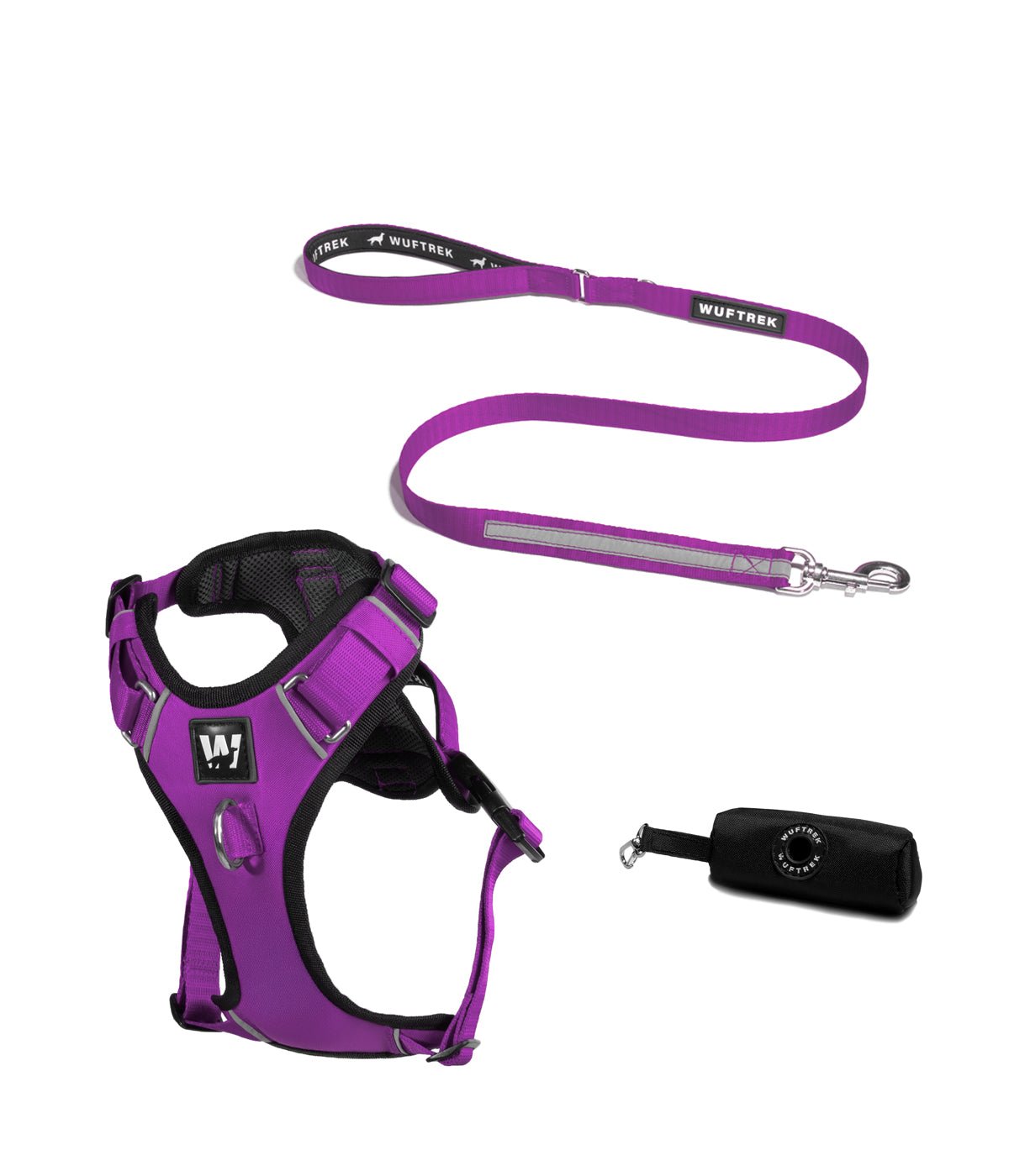 Un combo de arnes para perro con correa para perro y estuche en color violeta