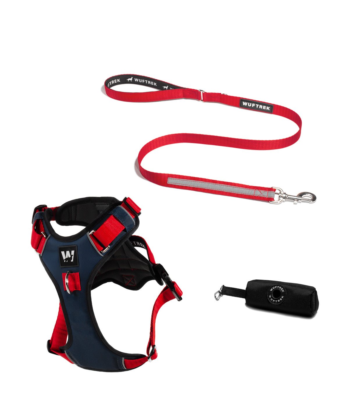 Dog set with Azure AirTrek harness, TrekPro leash, and TrekBag waste bag holder