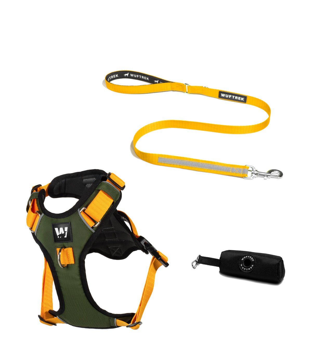 AirTrek dog harness set with TrekPro dog leash in military green and yellow