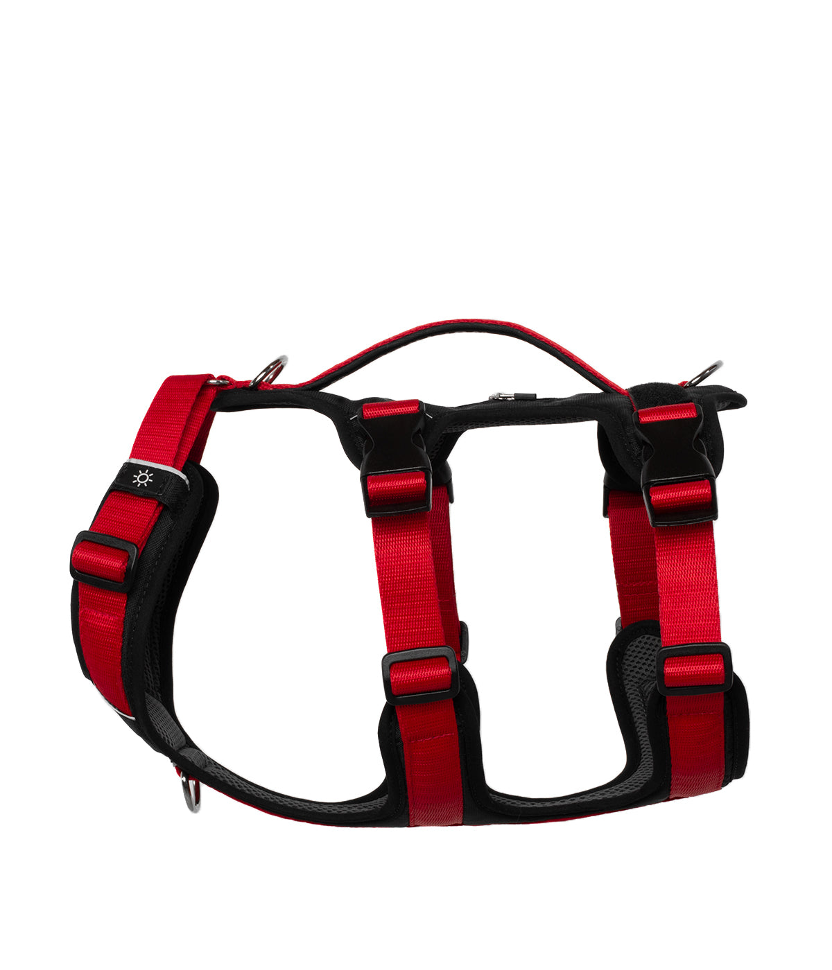 Side view of the TrekFit Y-3 red and black escape-resistant dog harness with three adjustable straps, control handle, tracker pocket, patch panel and front/rear attachment rings