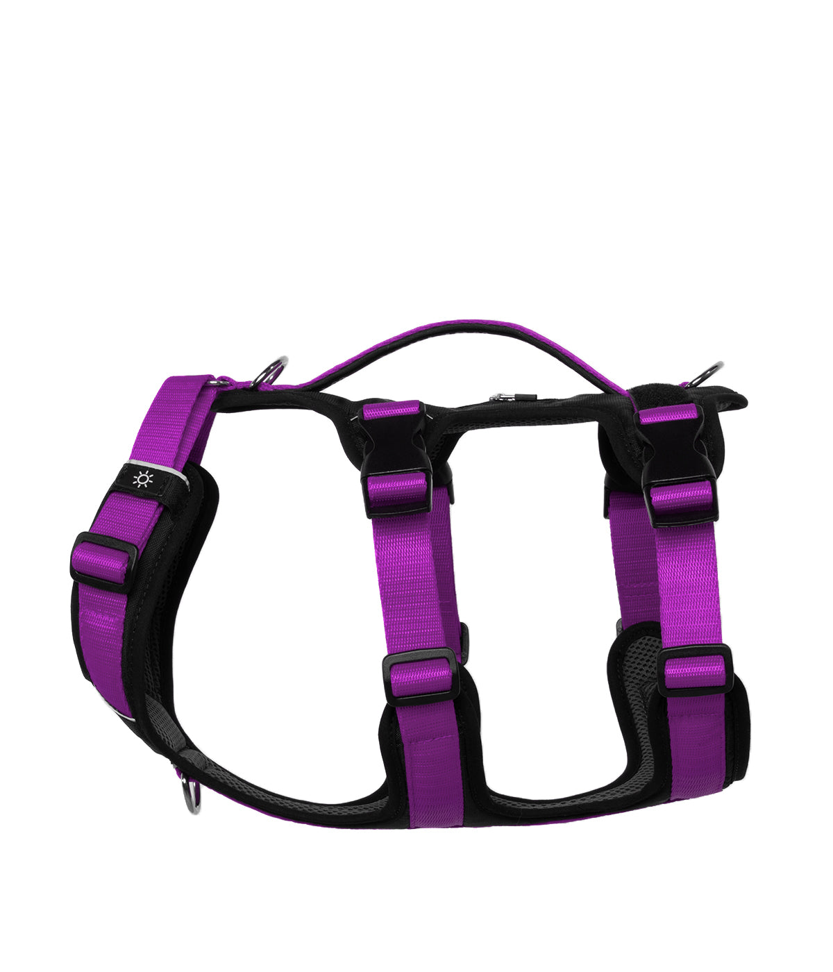 Side view of the TrekFit Y-3 violet and black escape-resistant dog harness with three adjustable straps, control handle, tracker pocket, patch panel and front/rear attachment rings