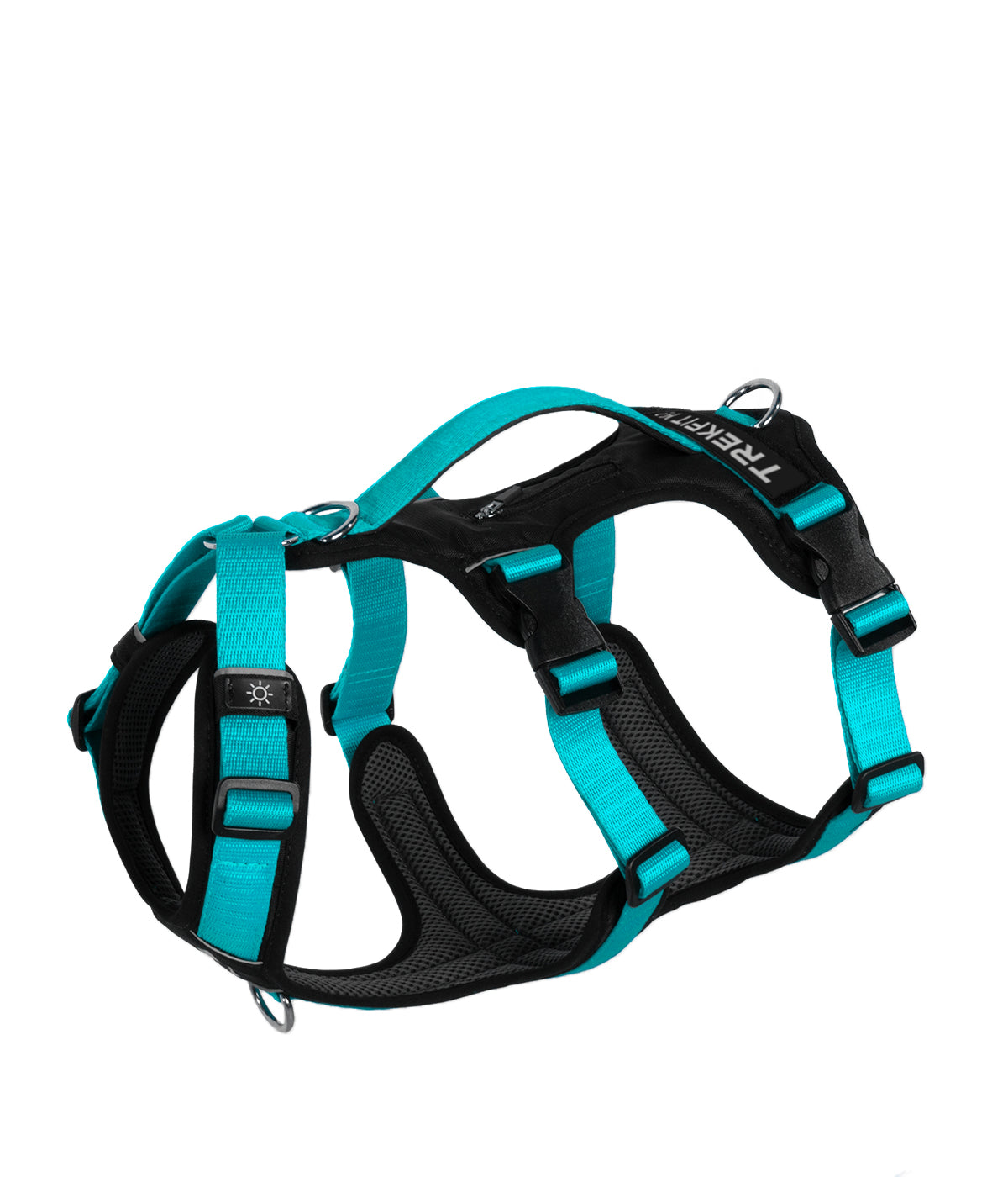 Top view of the TrekFit Y-3 aqua and black escape-resistant dog harness with three adjustable straps, control handle, tracker pocket, patch panel and front/rear attachment rings