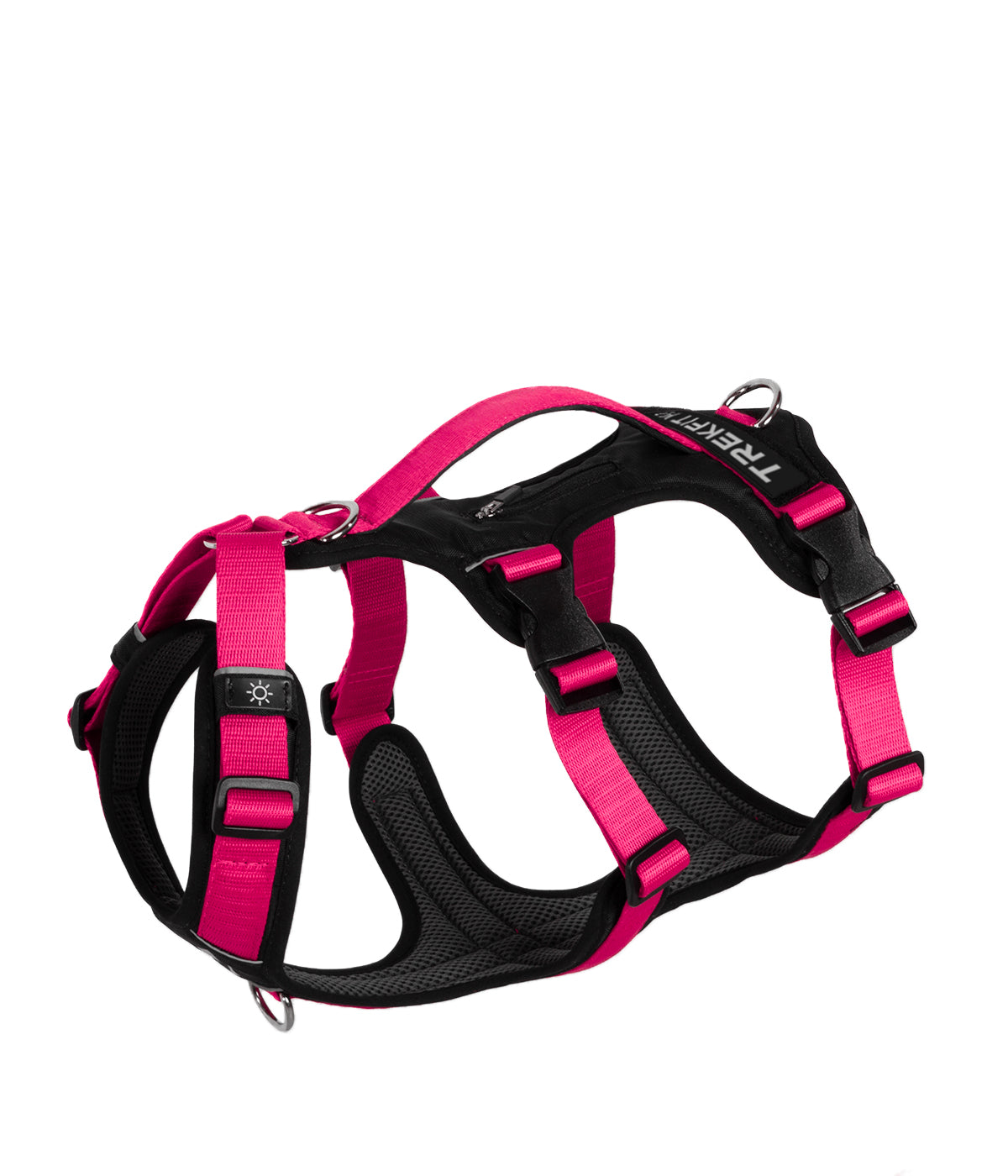 Top view of the TrekFit Y-3 fuchsia and black escape-resistant dog harness with three adjustable straps, control handle, tracker pocket, patch panel and front/rear attachment rings