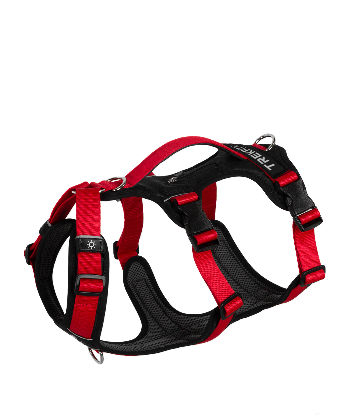 Top view of the TrekFit Y-3 red and black escape-resistant dog harness with three adjustable straps, control handle, tracker pocket, patch panel and front/rear attachment rings