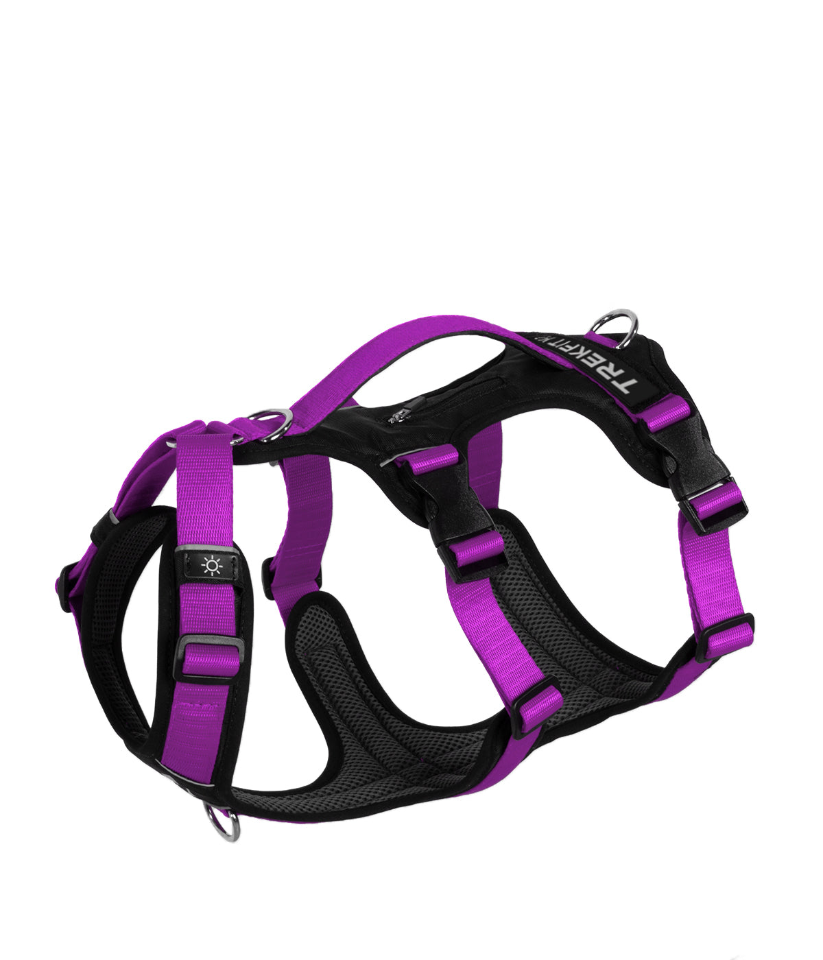 Top view of the TrekFit Y-3 violet and black escape-resistant dog harness with three adjustable straps, control handle, tracker pocket, patch panel and front/rear attachment rings