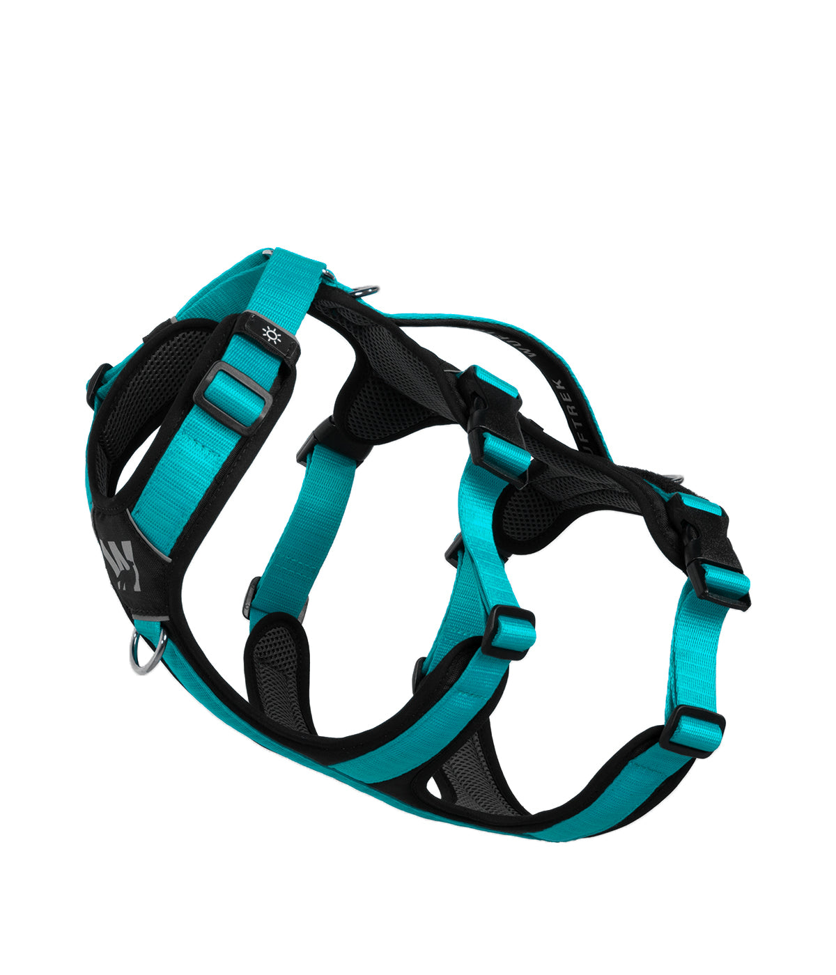 Side detail of the TrekFit Y-3 aqua and black escape-resistant dog harness with adjustable straps, control handle and front attachment ring