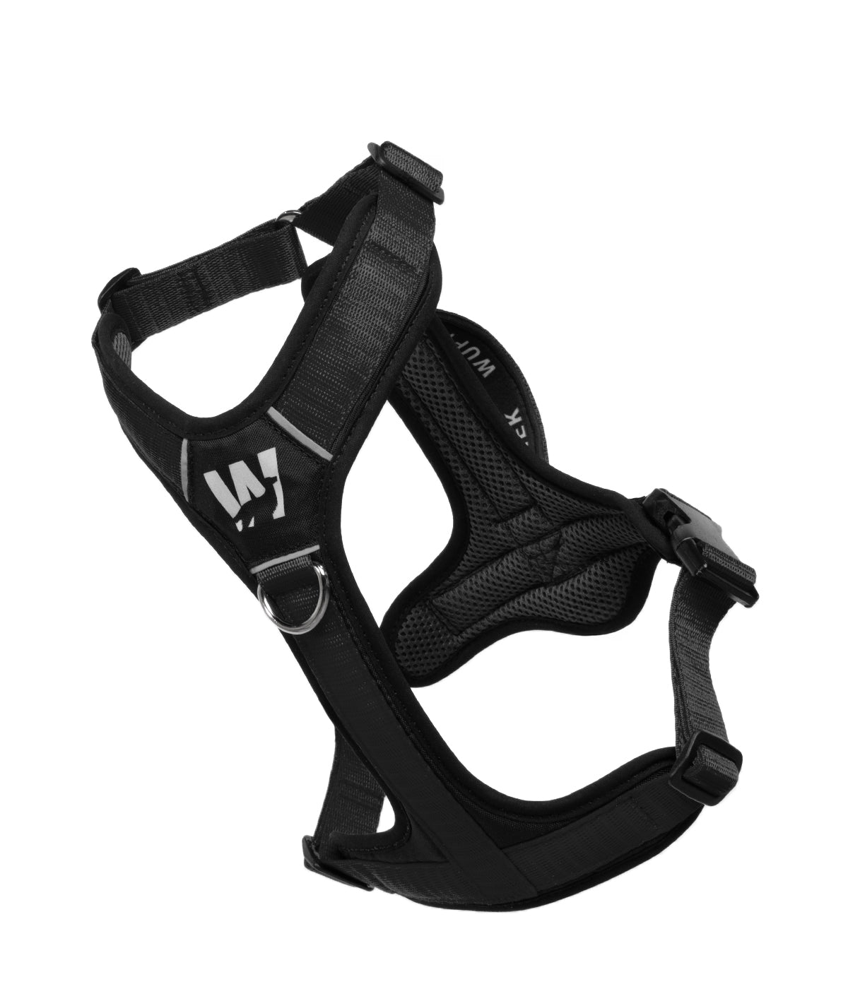 Front view of the TrekFit Y-Series black Y-Harness with front no-pull ring and reflective logo