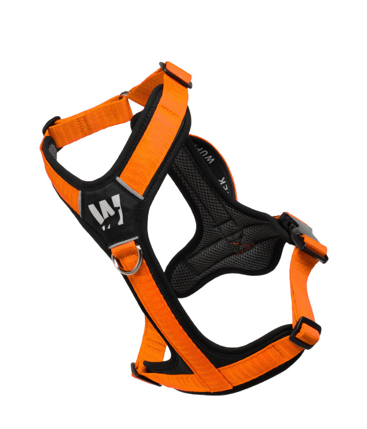 Front view of the TrekFit Y-Series orange and black Y-Harness with front no-pull ring and reflective logo