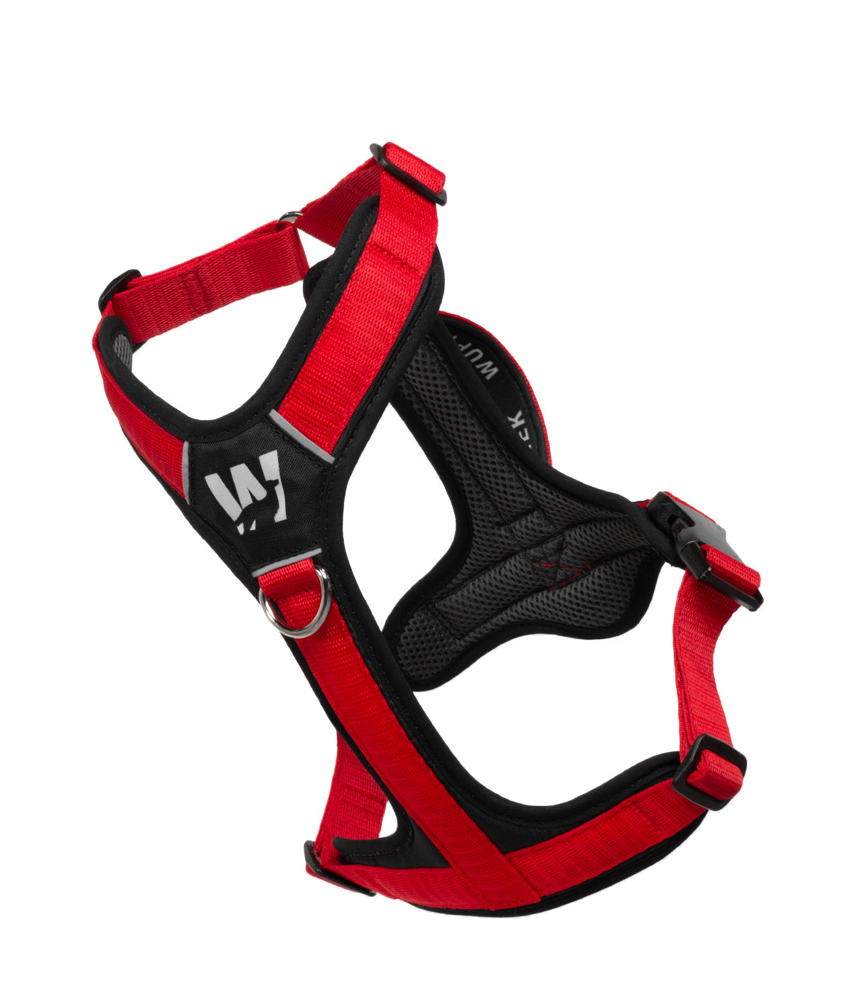 Front view of the TrekFit Y-Series red and black Y-Harness with front no-pull ring and reflective logo