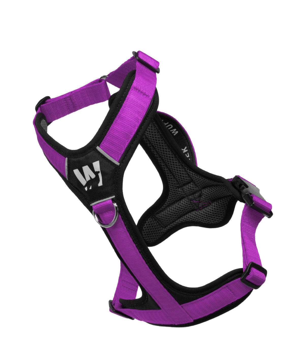 Front view of the TrekFit Y-Series violet and black Y-Harness with front no-pull ring and reflective logo