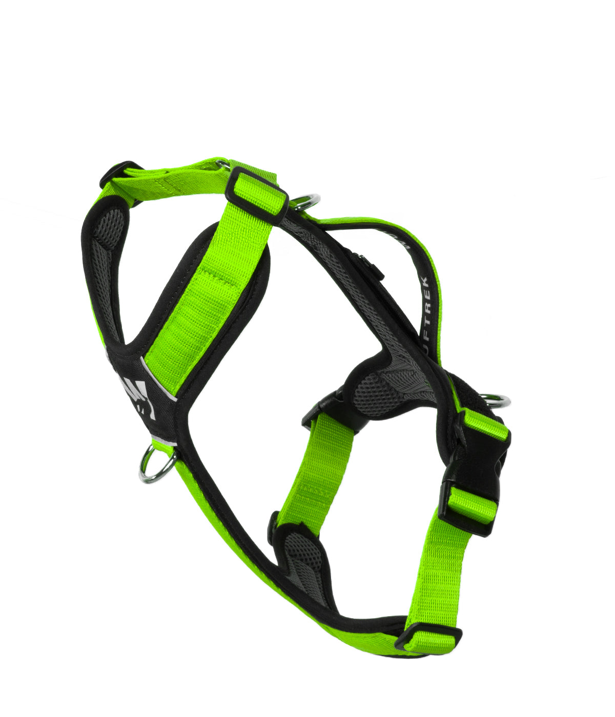 Side view of the TrekFit Y-Series neon green and black Y-Harness with front no-pull ring, adjustable straps and control handle