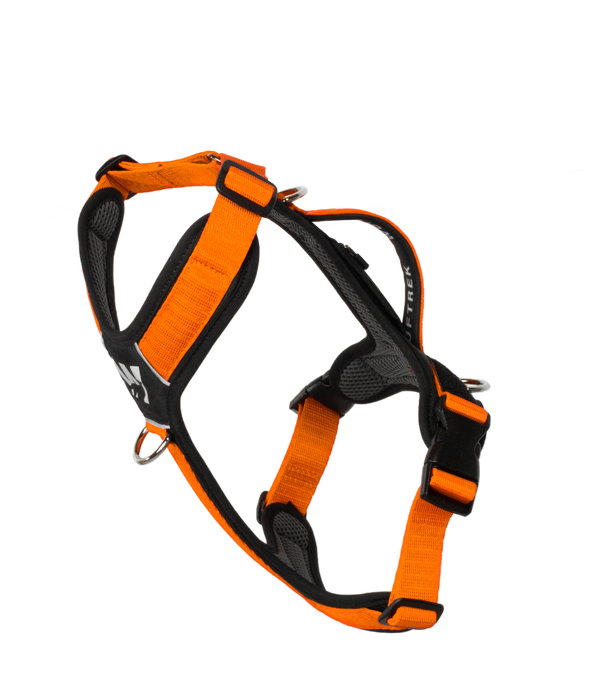 Side view of the TrekFit Y-Series orange and black Y-Harness with front no-pull ring, adjustable straps and control handle