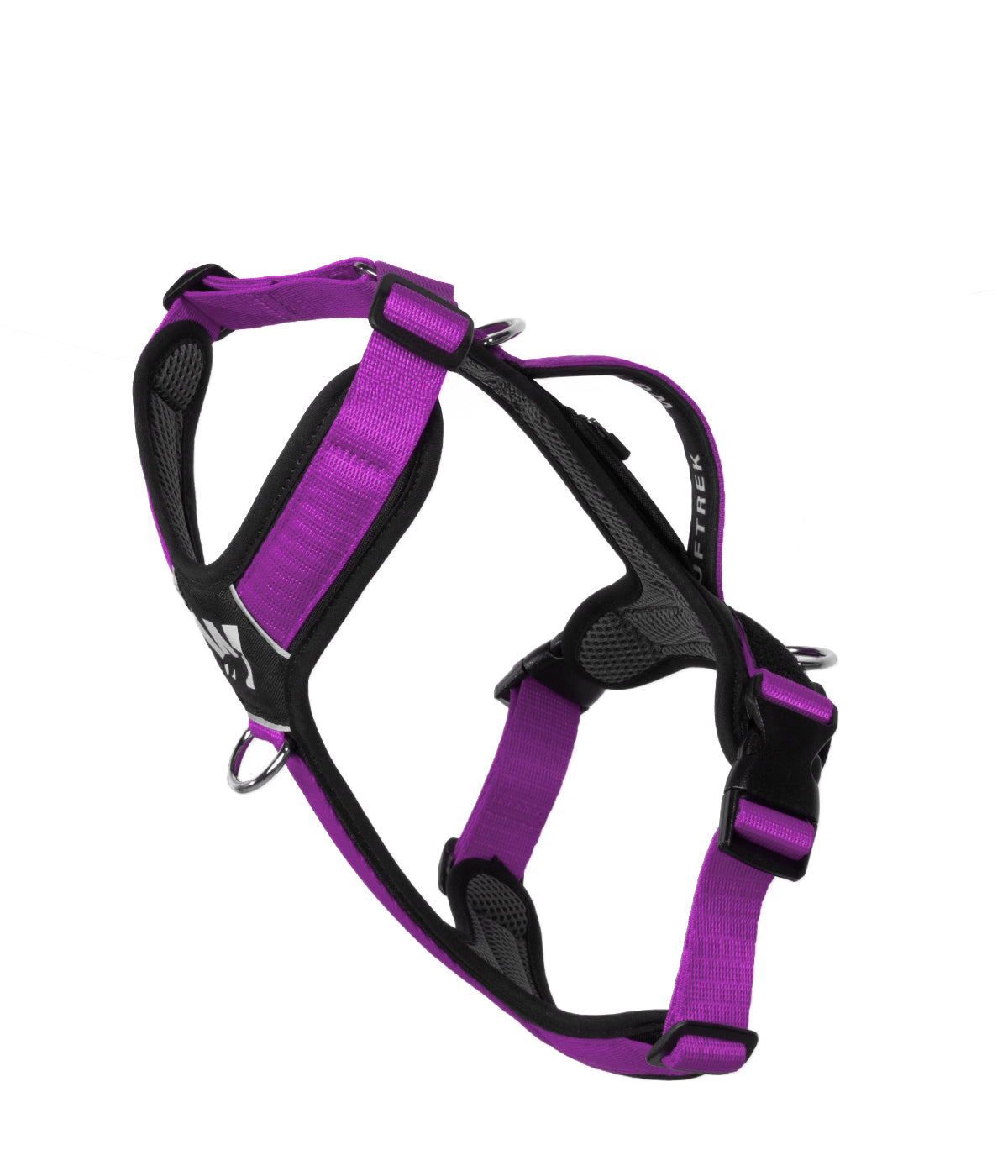 Side view of the TrekFit Y-Series violet and black Y-Harness with front no-pull ring, adjustable straps and control handle
