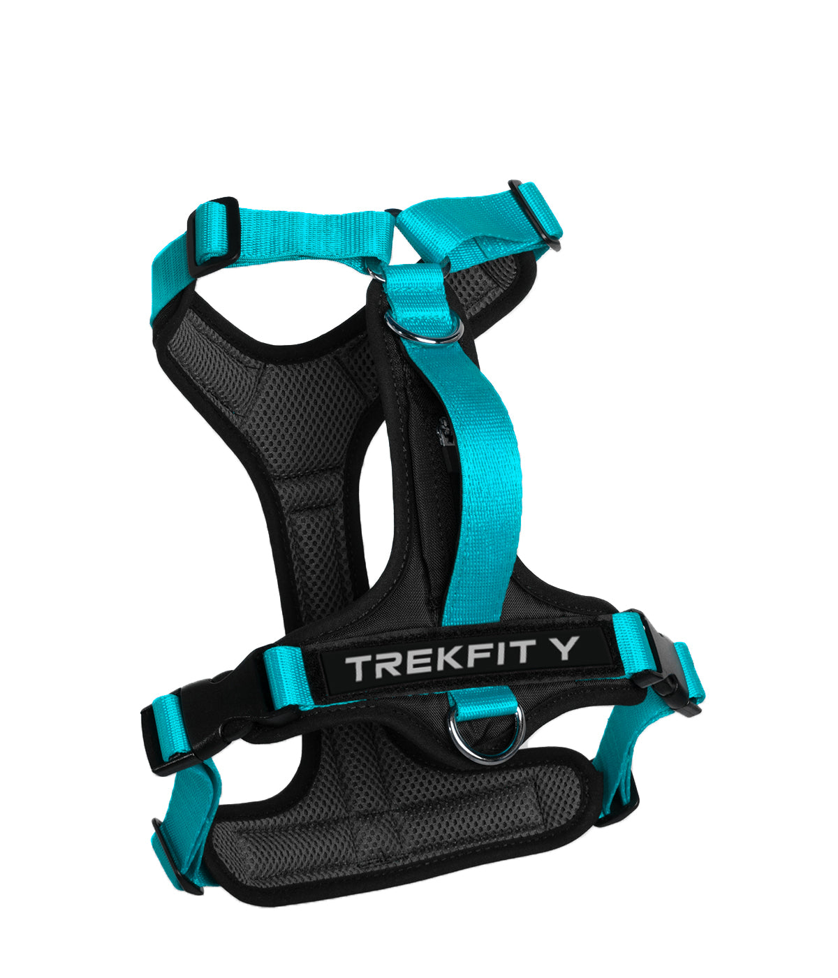 Rear view of the TrekFit Y-Series aqua and black Y-Harness with two attachment rings, grab handle and hook-and-loop patch panel