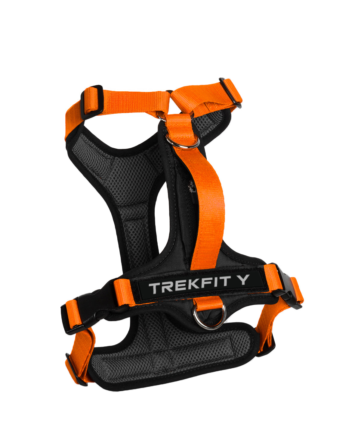 Rear view of the TrekFit Y-Series orange and black Y-Harness with two attachment rings, grab handle and hook-and-loop patch panel