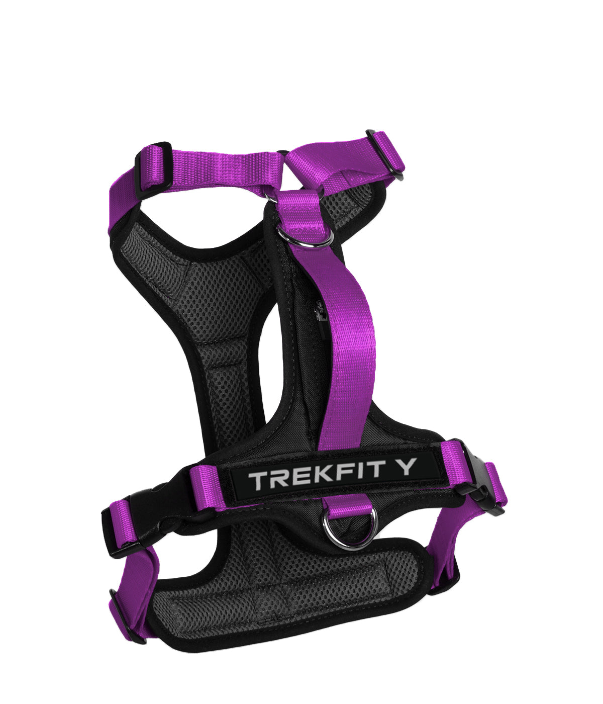 Rear view of the TrekFit Y-Series violet and black Y-Harness with two attachment rings, grab handle and hook-and-loop patch panel