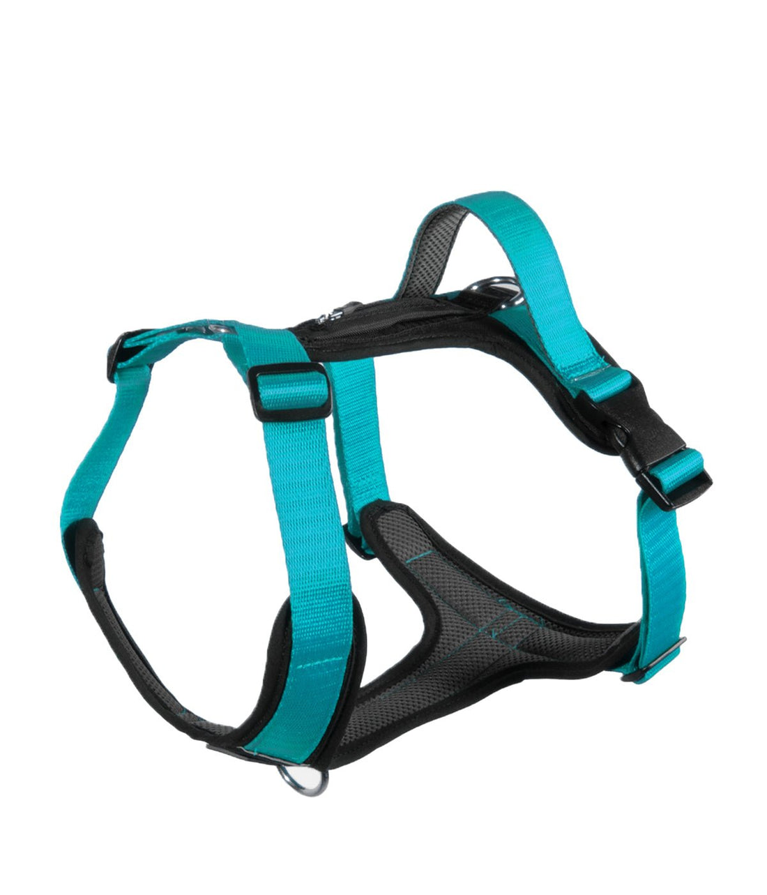 Arnés para perros en forma de Y color azul turquesa, visto de lado