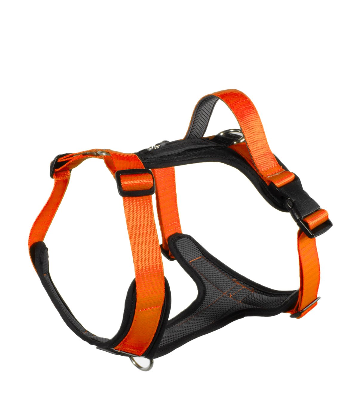 Arnés para perros en forma de Y color naranja, visto de lado