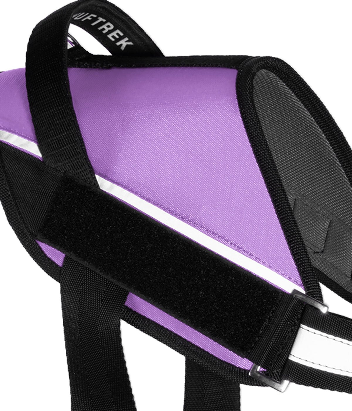 Detalle del velcro lateral del arnés para perros UrbanTrek para colocar parche personalizado