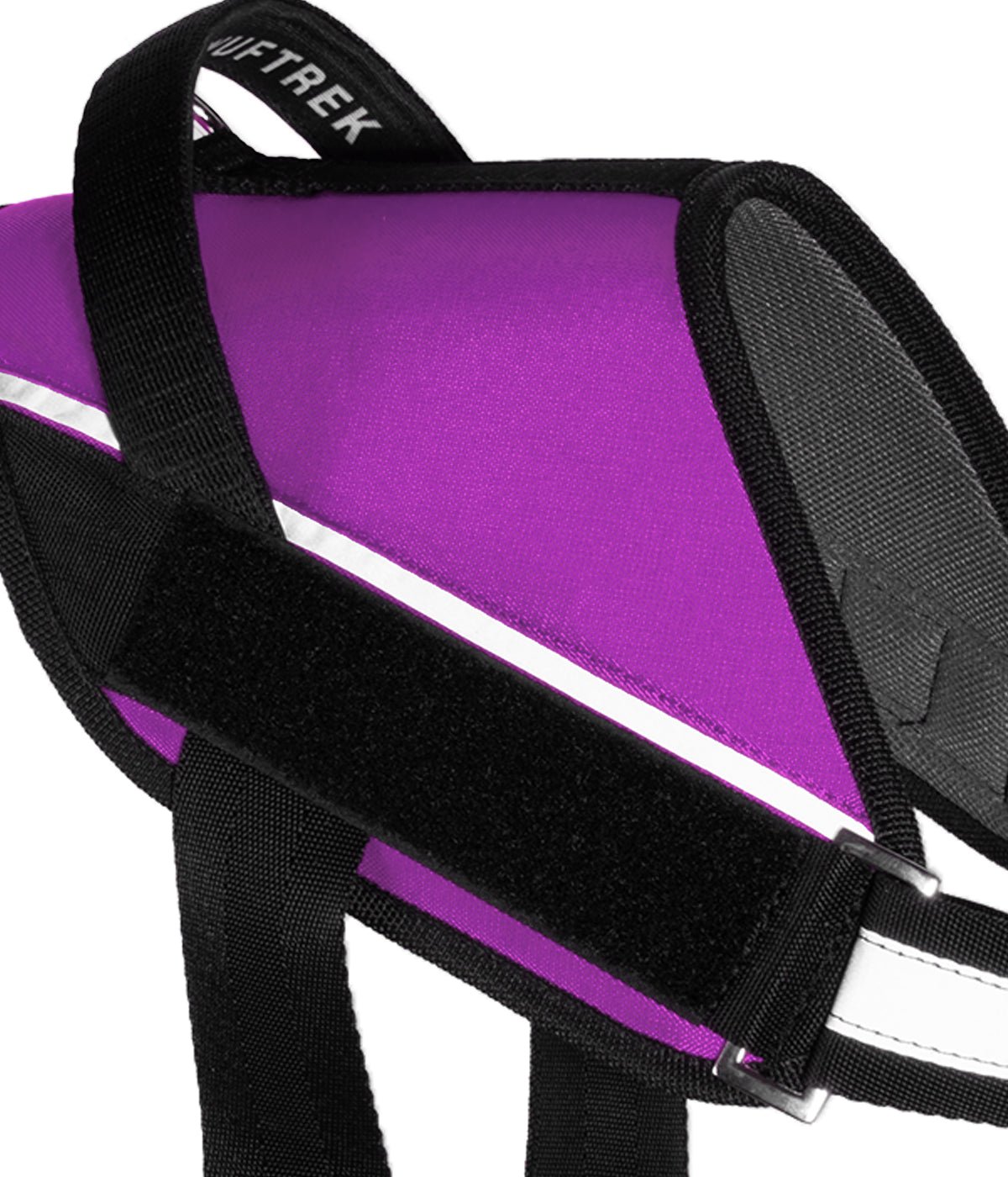 Detalle del velcro lateral del arnés para perros UrbanTrek para colocar parche personalizado