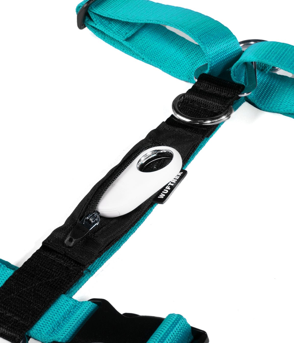 Detalle de un SmartTag de Samsung saliendo del bolsillo de un arnés H para perros color azul turquesa con negro