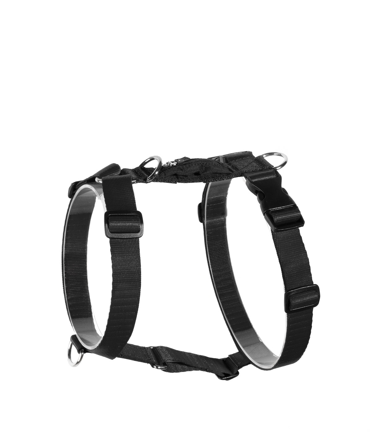 Un arnés H para perros color negro visto de lado