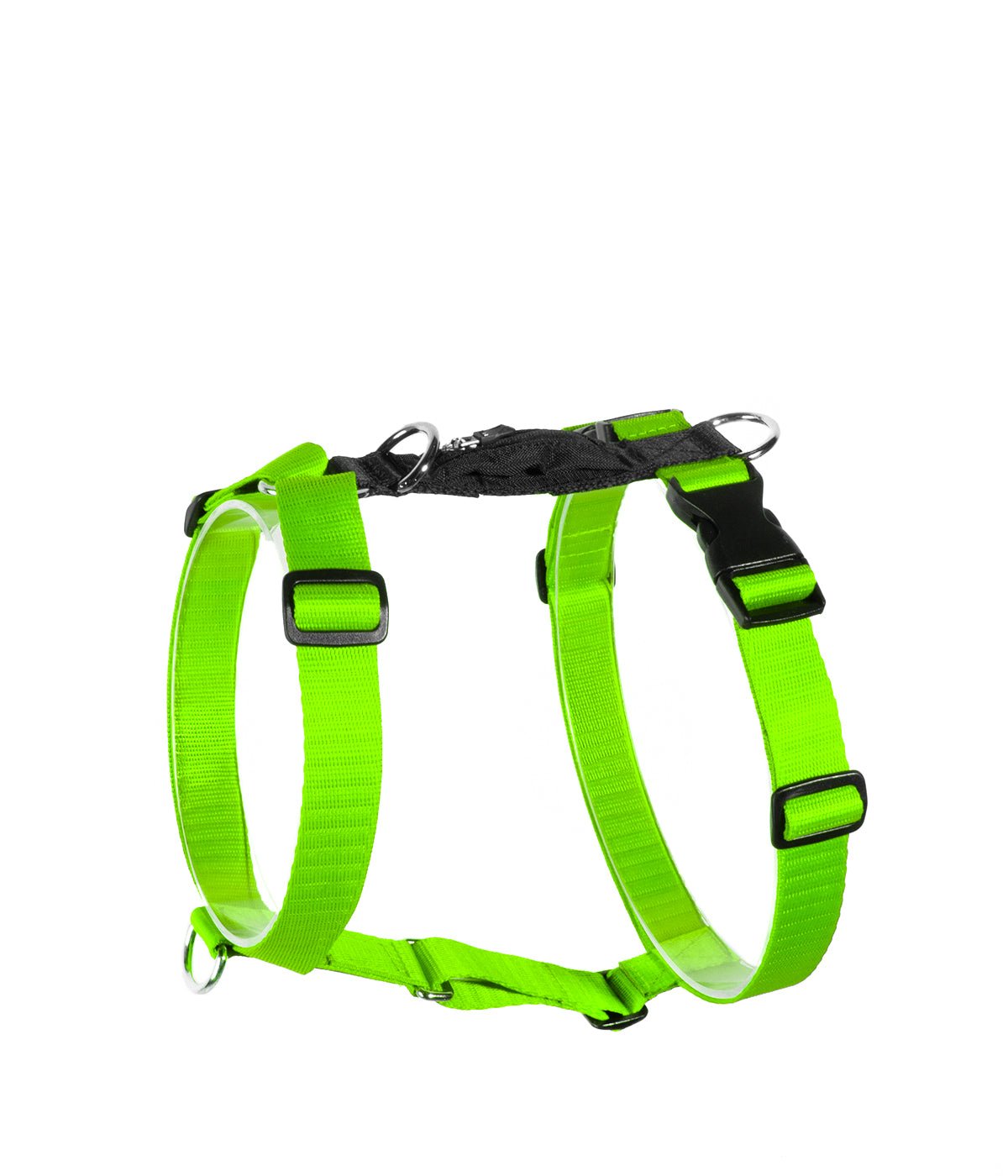 Un arnés H para perros color verde neón con negro visto de lado