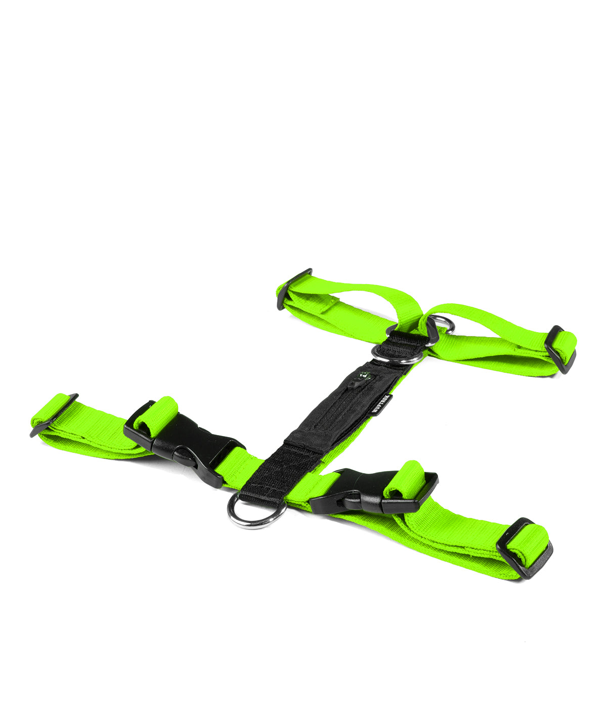 Rear detail of the neon green TrekZero H-Series harness with two attachment rings, tracker pocket and buckles