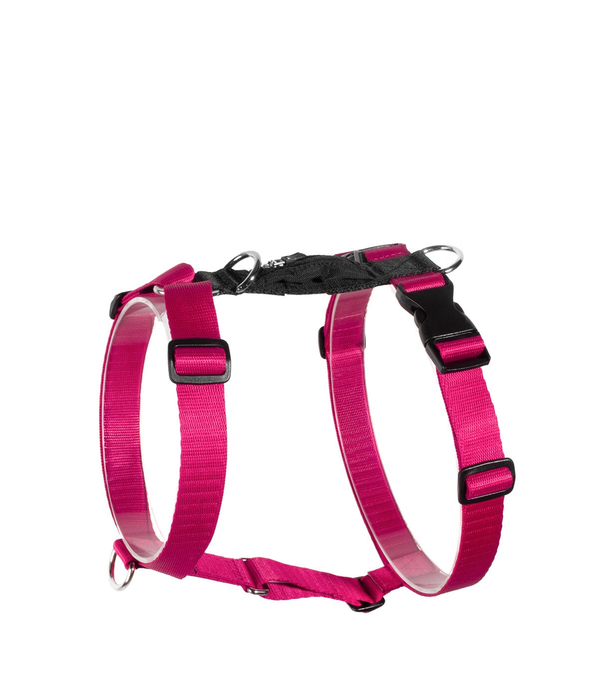 Un arnés H para perros color fucsia con negro visto de lado