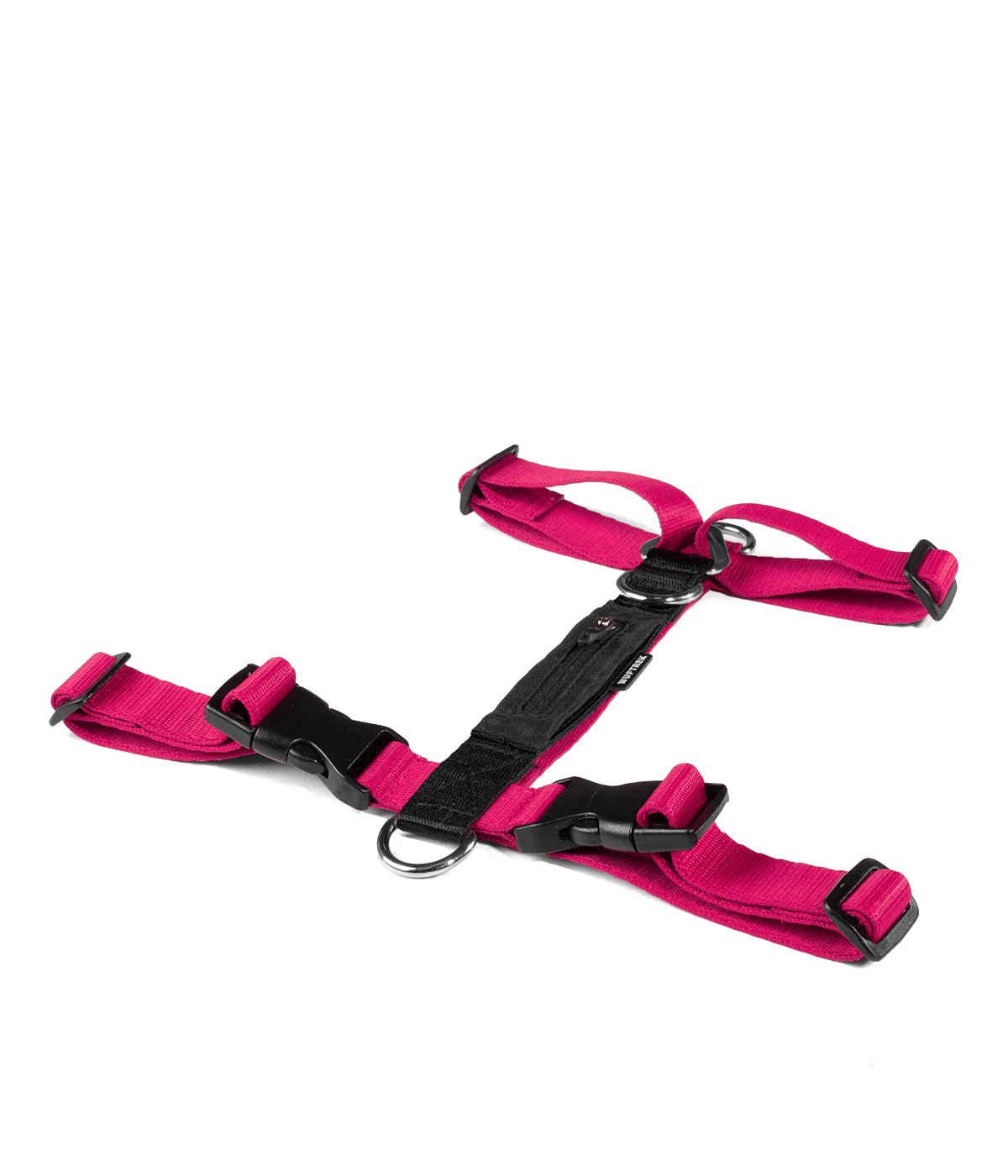 Un arnés H para perros color fucsia con negro visto de perfil