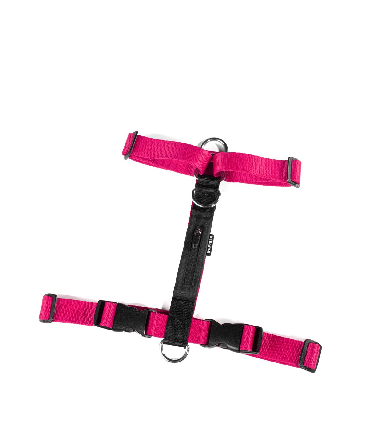Un arnés H para perros color fucsia con negro visto desde arriba