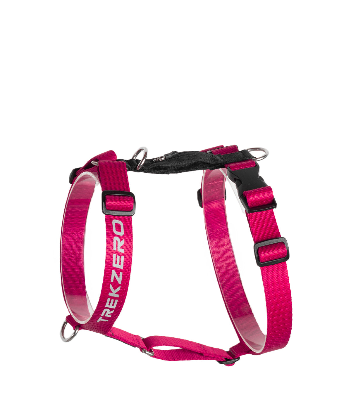 Un arnés H para perros color fucsia con negro visto de lado